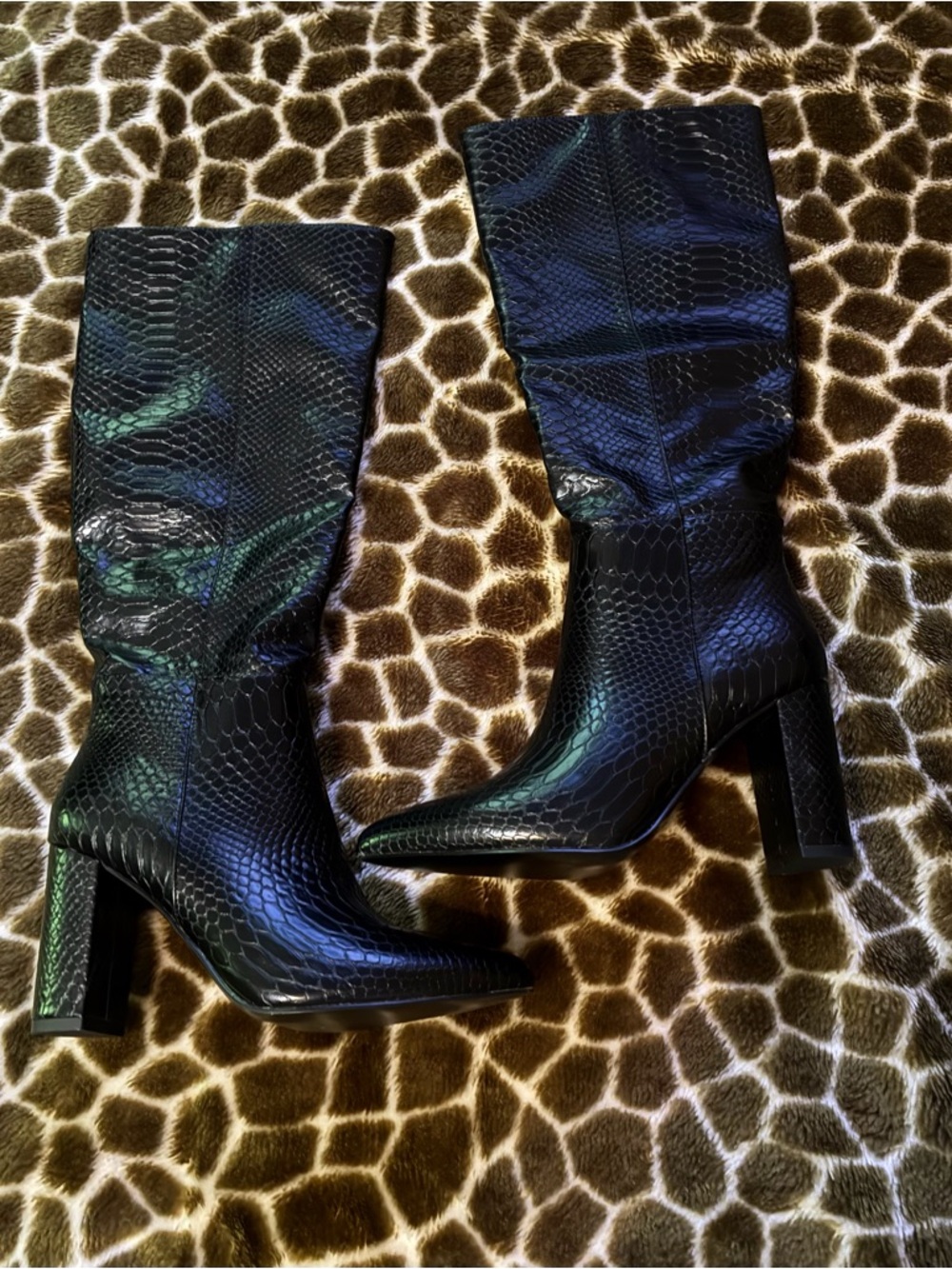 Women’s Black Snake-Embossed Block Heel Mid-Calf Boots